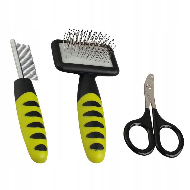 W skład zestawu wchodzą: nożyczki, grzebień i szczotka