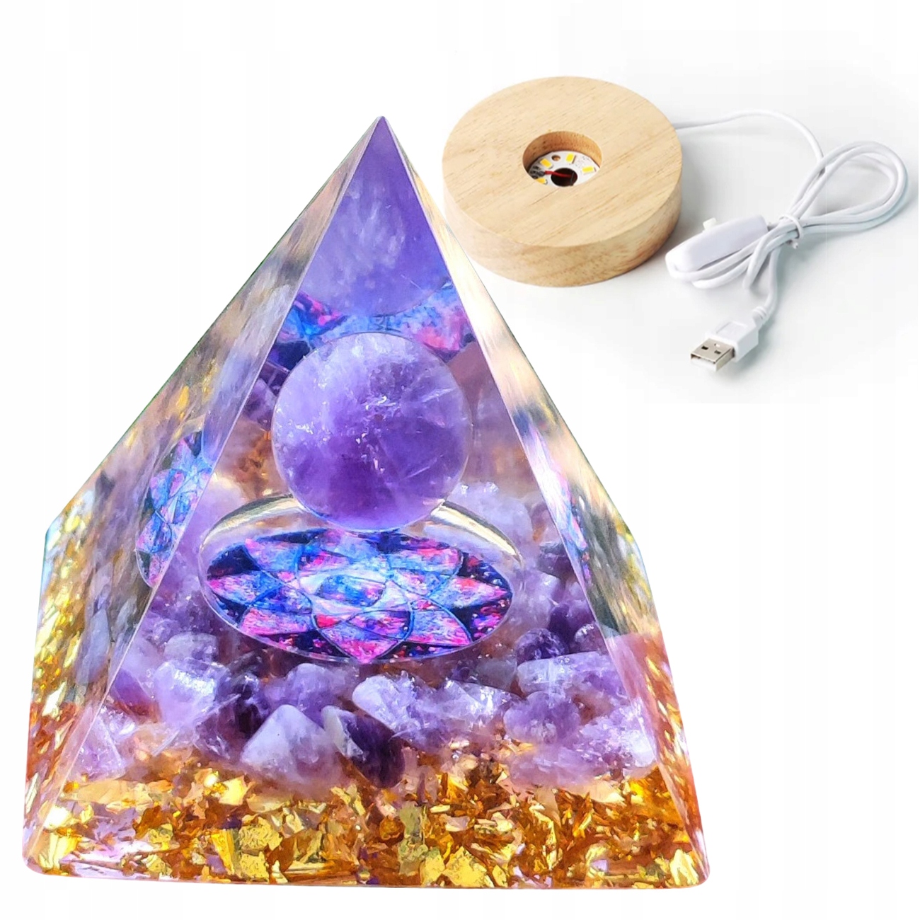 Piramida ORGONIT + LED Lampka PODSTAWA 5cm KRYSZTAŁ KAMIENIE AMULET 5cm HX04 – Magia i pozytywna energia w Twoim wnętrzu