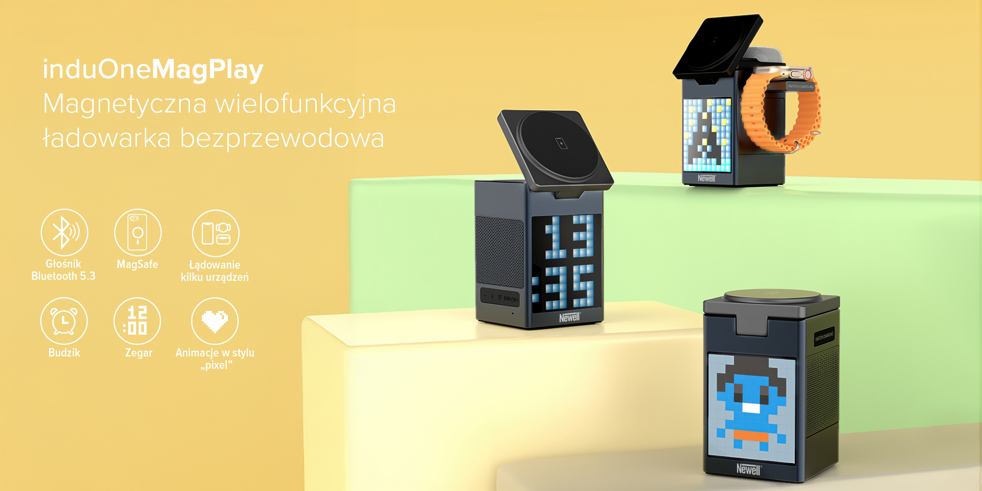 Ładowarka MagSafe z głośnikiem i wyświetlaczem Newell induOne MagPlay