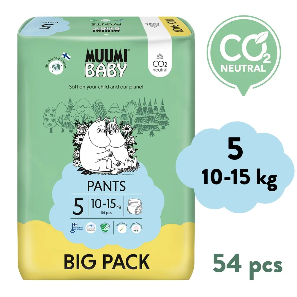 Muumi Baby Pieluchomajtki ekologiczne 5 (10-15kg) 54 szt. BIG PACK – Komfort i bezpieczeństwo dla Twojego dziecka