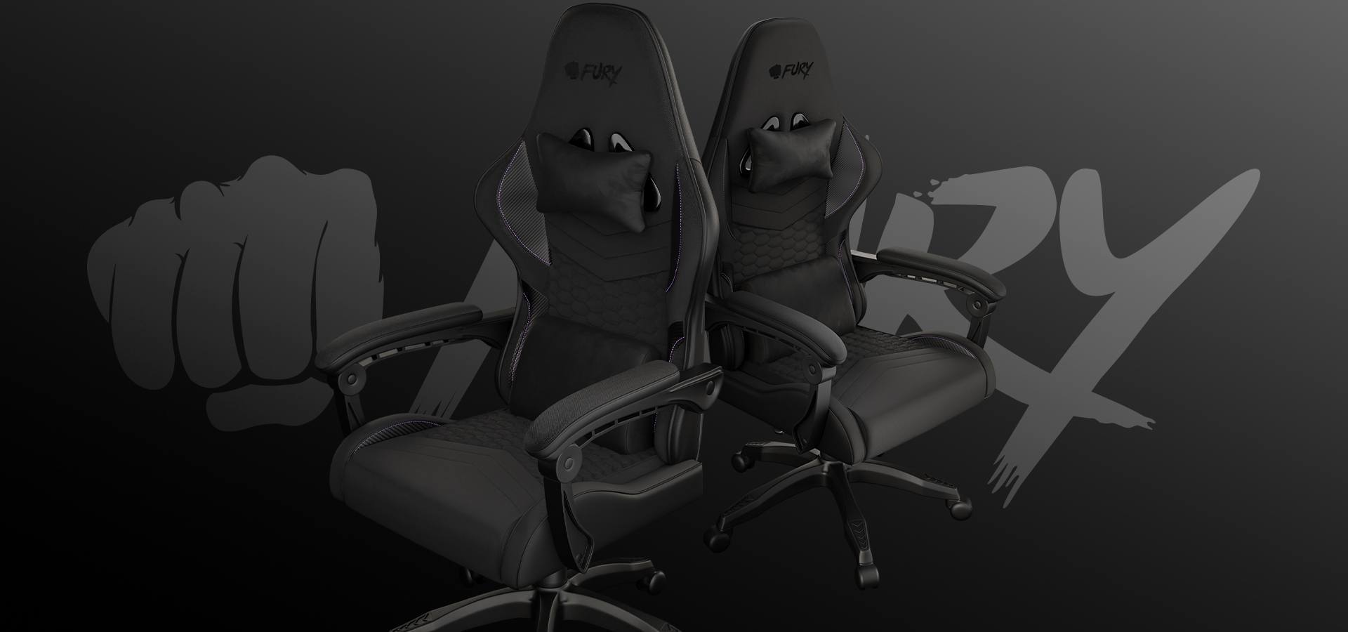 Dwa czarne fotele gamingowe Fury Shinai S4 z regulowanymi podłokietnikami i zagłówkami o eleganckim wyglądzie.