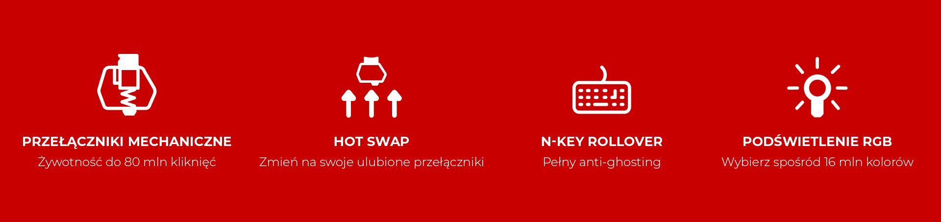 Cztery ikony podkreślające przełączniki mechaniczne, hot swap, rollover klawiszy i podświetlenie RGB.