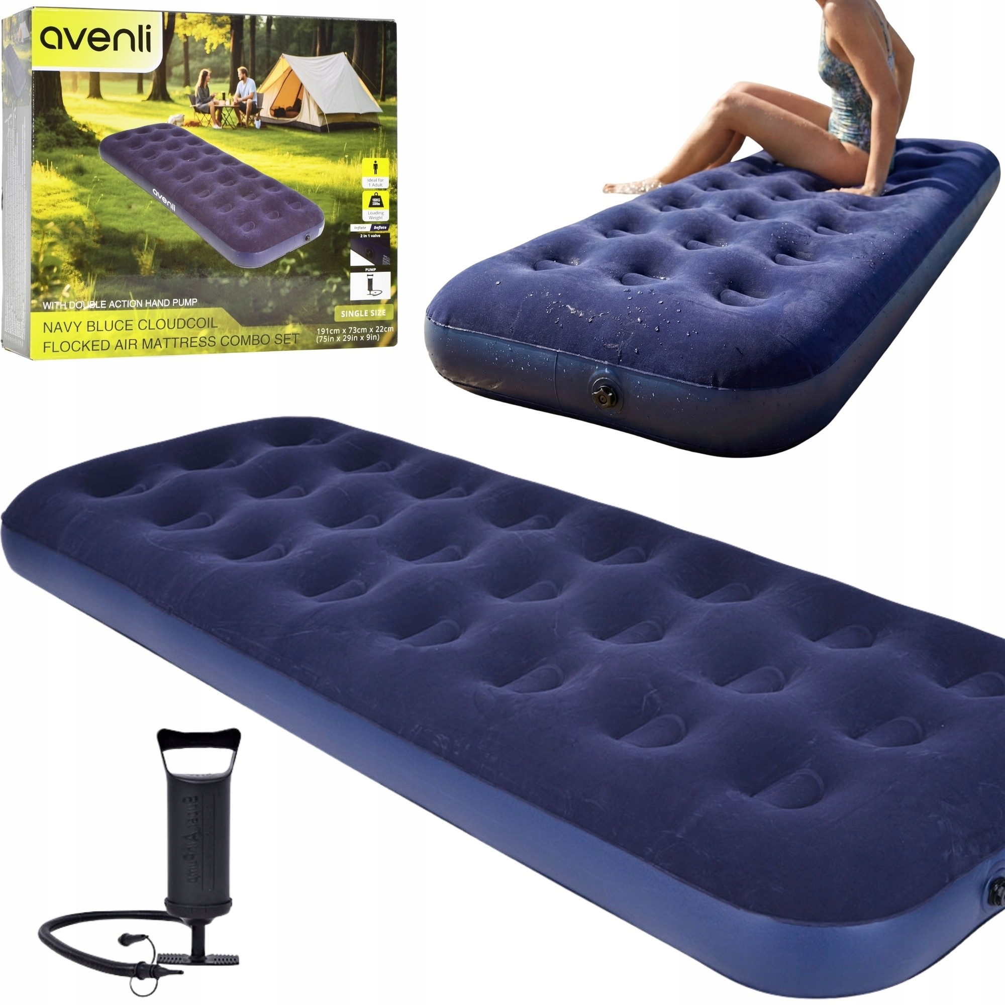 Materac Flokowany 1 Osobowy 191x73x22cm z Pompką 2w1 – Idealny do Podróży i Kempingu