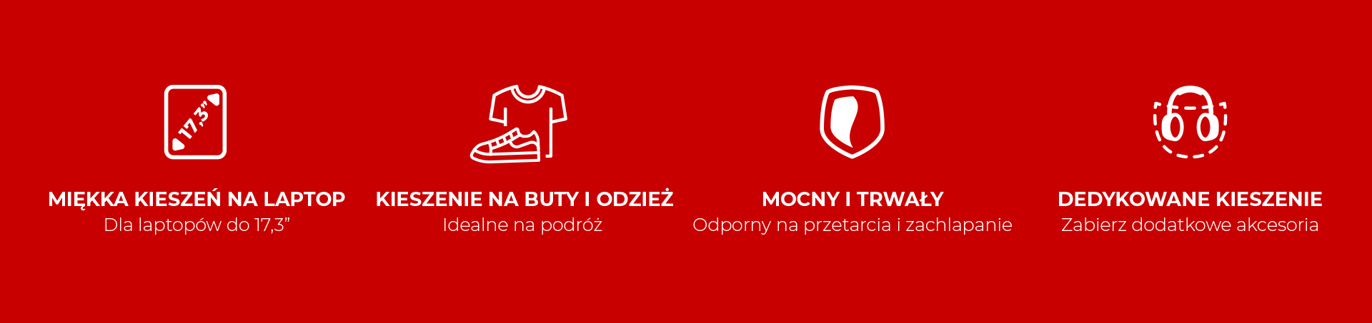 Cztery ikony przedstawiające miękką kieszeń na laptopa, torbę na buty, trwały materiał oraz dedykowane opcje przechowywania.