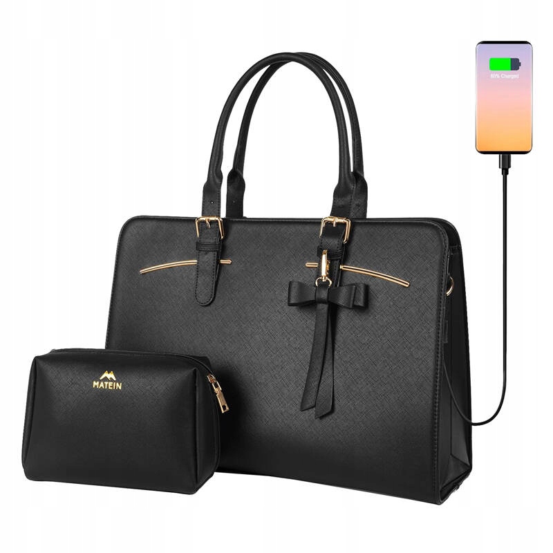 Damska torebka na laptopa z kosmetyczką 15.6'' Matein 1310 Czarna USB – Elegancja i funkcjonalność w jednym