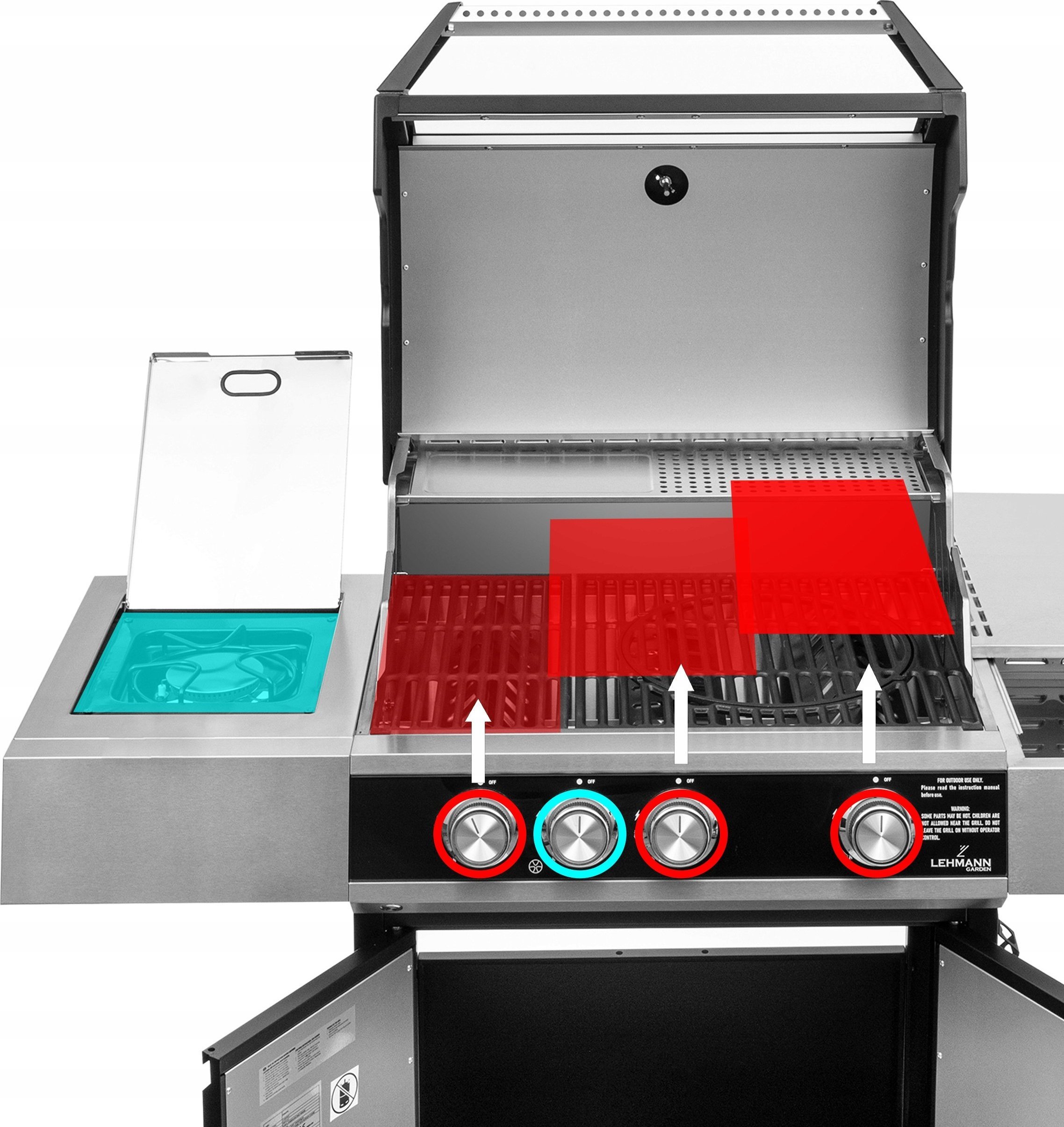 GRILL GAZOWY PREMIUM 3+1 RUSZT ŻELIWNY POKRYWA Z OKIENKIEM 13kW 4 PALNIKI Długość rusztu 60 cm