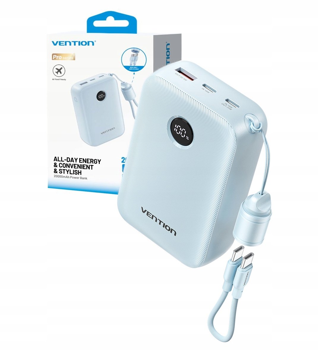 Powerbank Vention 20000mAh 2 x USB-C 1x USB-A z wyświetlaczem 22,5W niebieski – Niezawodne źródło energii