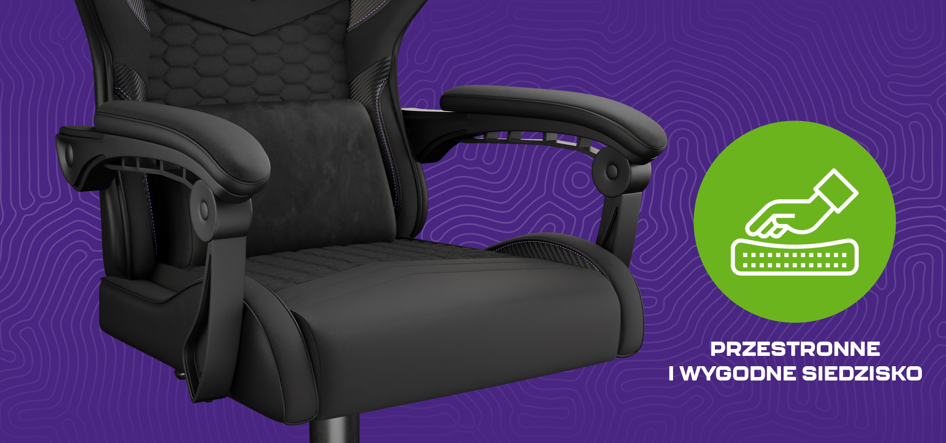 Czarny fotel gamingowy z obszernym siedziskiem i regulowanymi podłokietnikami, zaprojektowany z myślą o wygodzie podczas długich sesji grania.