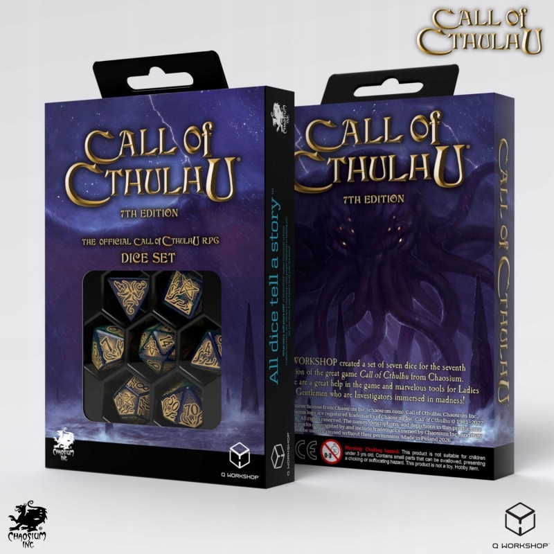 Zestaw kości Zew Cthulhu 7. Edycja - Niebiesko-zielone* i złote dla miłośników RPG