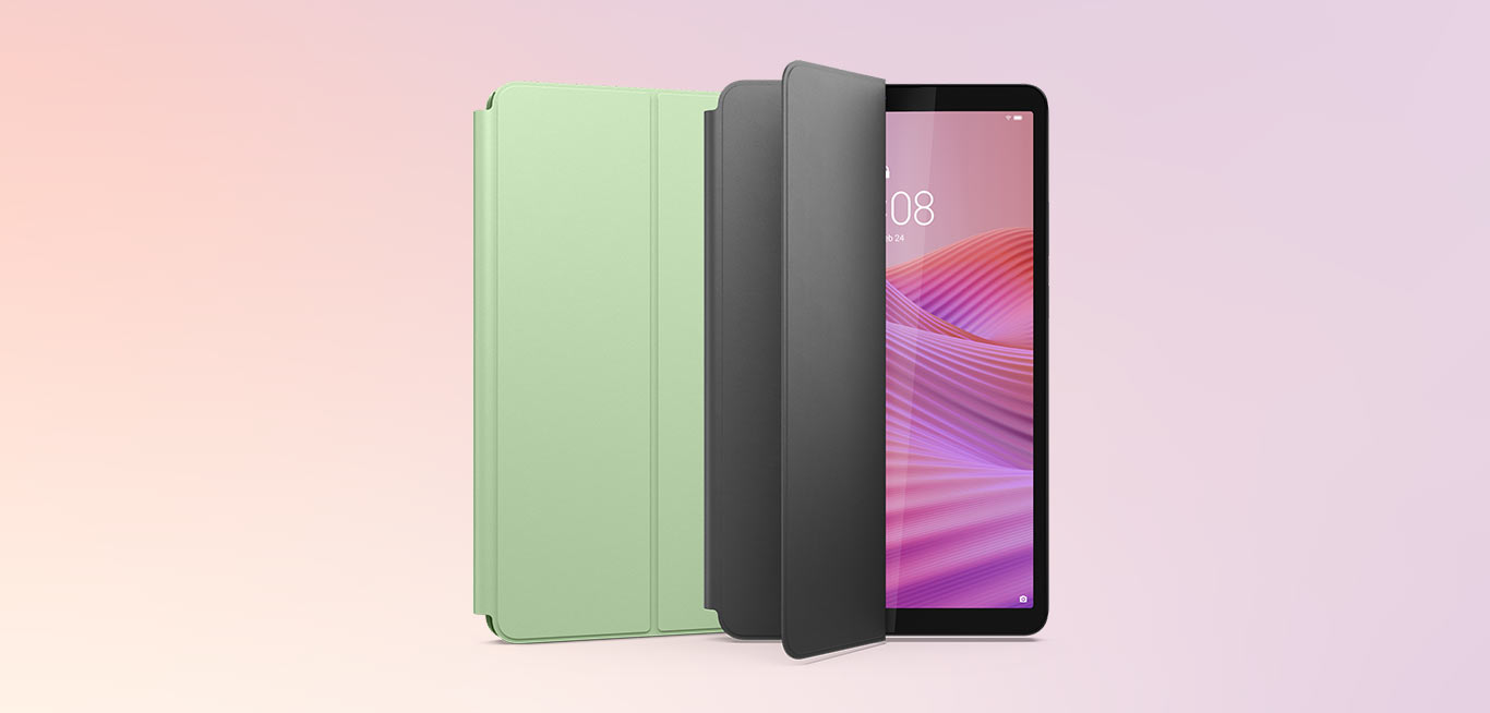 Etui na tablet w kolorze zielonym i grafitowym, fragment tabletu z kolorową tapetą na ekranie