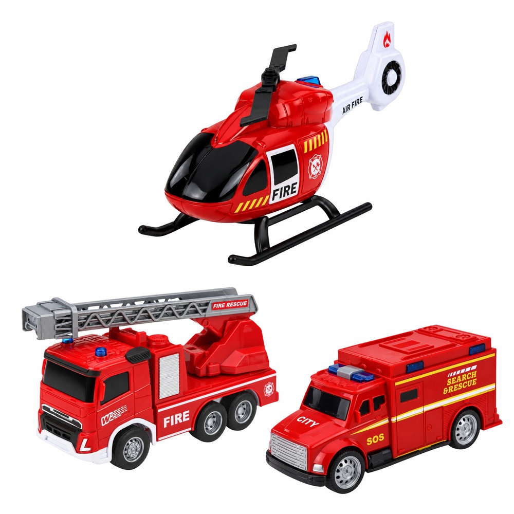 Pojazdy strażackie i helikopter w zestawie