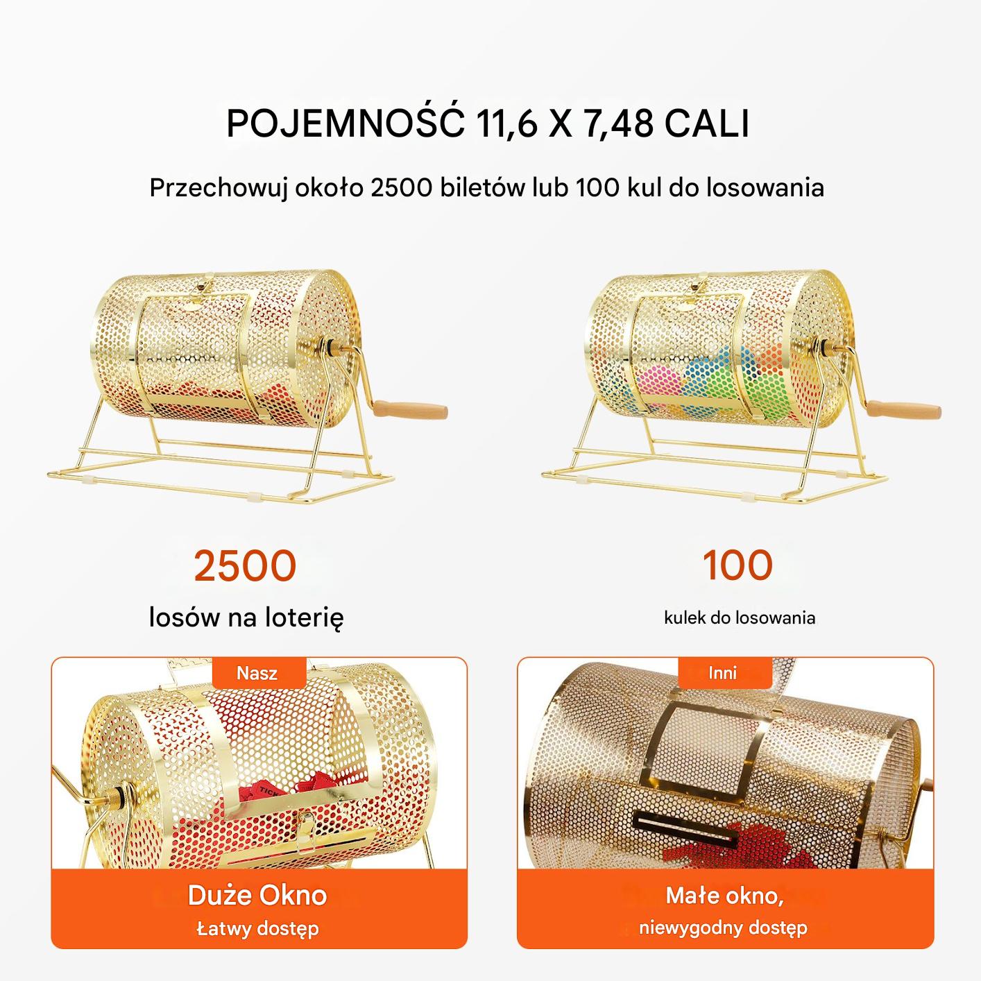Mosiężny bęben losujący – Pojemność do 2500 losów lub 100 piłeczek