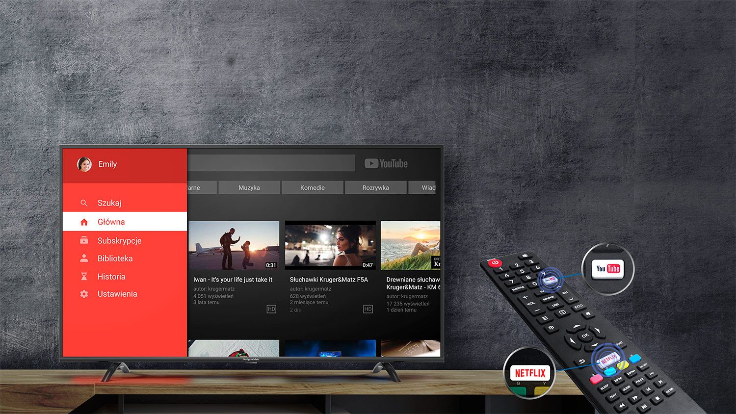 Przejdź do świata rozrywki Czy często odnosisz wrażenie, ze cyfrowa telewizja nie spełnia Twoich oczekiwań? Telewizor Kruger&Matz, oferuje Ci więcej! Dzięki wbudowanemu modemowi Wi-Fi i portowi RJ-45 z łatwością podłączysz go do sieci, uzyskując dostęp do przeglądarki internetowej, Youtube i wypożyczalni Netflix. Przed Tobą nieograniczone możliwości!