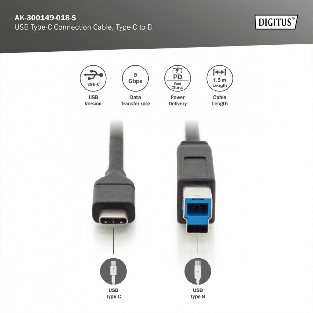Kabel USB-C - USB-B 1.8 m Czarny (AK-300149-018-S) – Niezawodne połączenie dla Twojego komputera