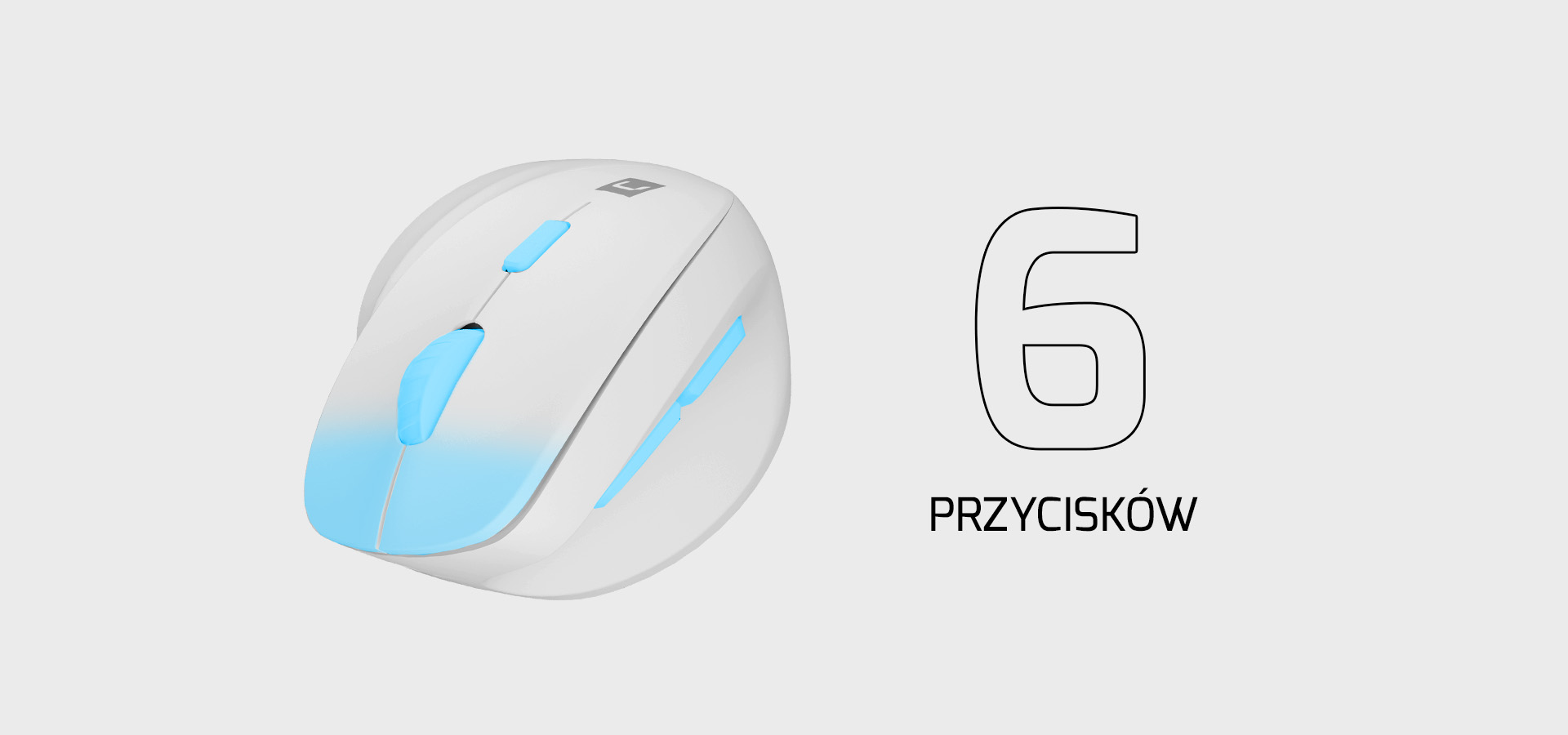 Bezprzewodowa mysz pionowa w kolorze białym, z sześcioma przyciskami podświetlonymi na niebiesko.