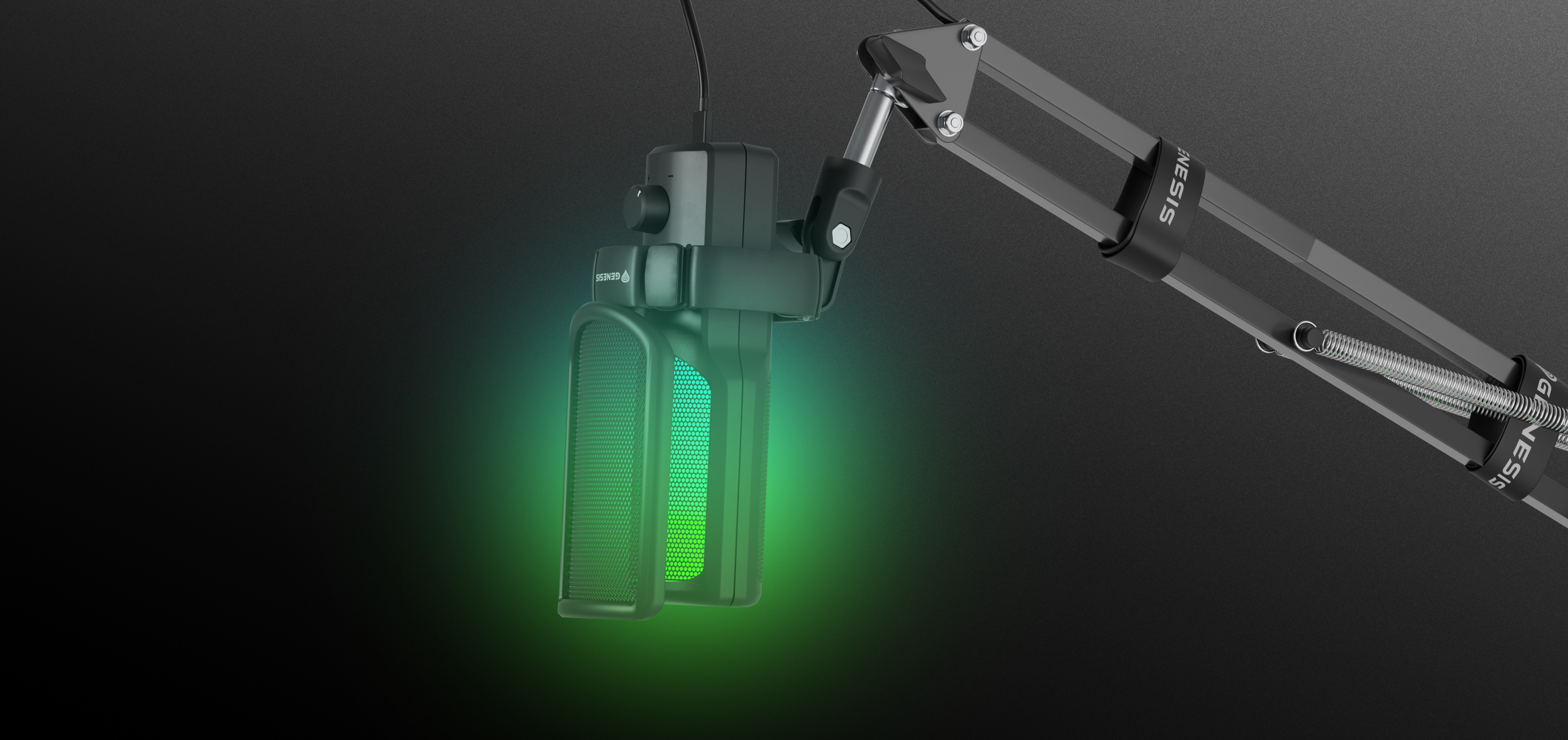 Mikrofon USB z czarnym wysięgnikiem i świecącym na zielono wyświetlaczem. Idealny do przesyłania strumieniowego i nagrywania