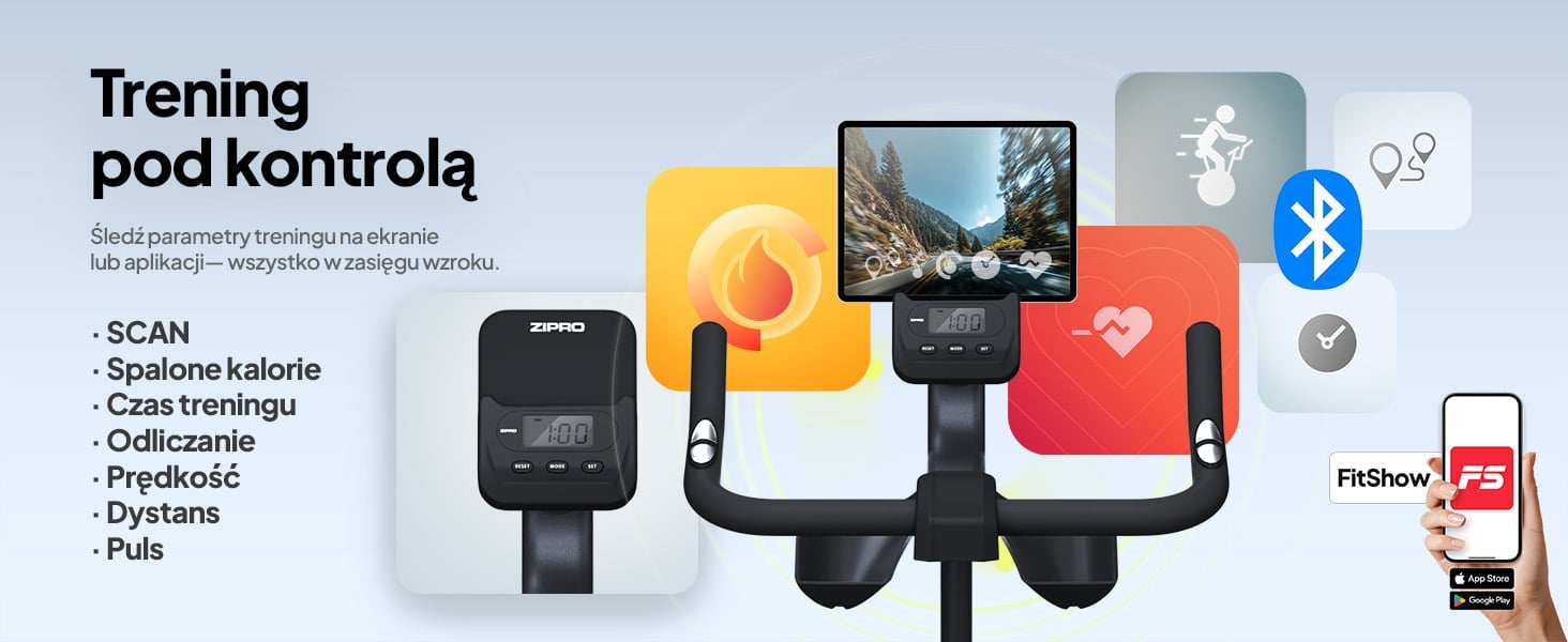 Rower spinningowy ZIPRO Modo - Komputer śledzi parametry: SCAN, spalone kalorie, czas treningu, odliczanie, prędkość, dystans i puls.