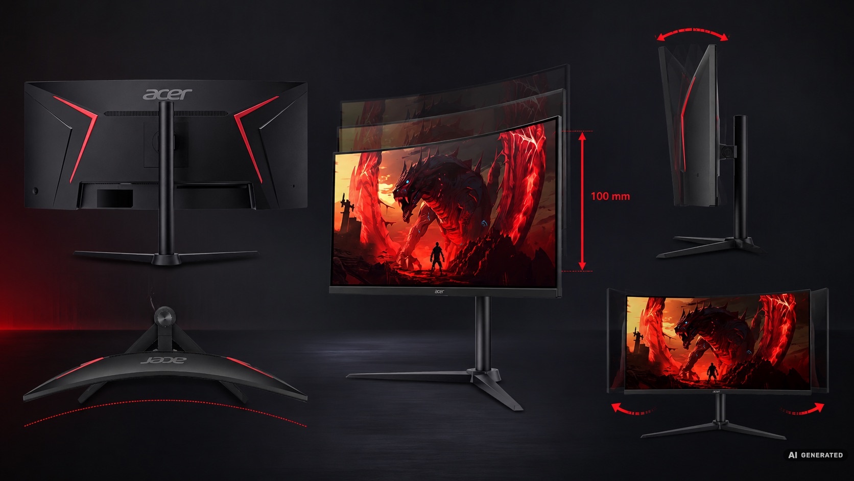 Monitor Acer Nitro XZ34QXC Ergo. Grafika ukazuje regulację wysokości o 100 mm oraz opcje pochylenia i obrotu ekranu.