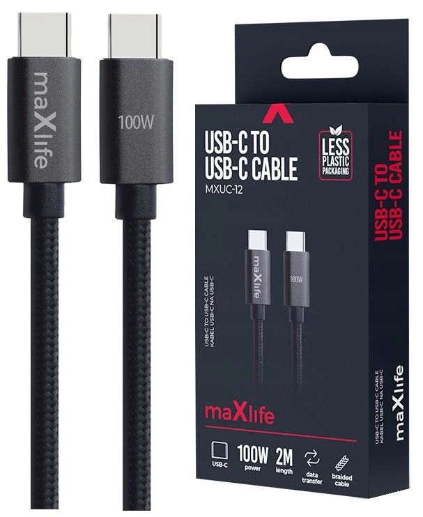 Maxlife kabel MXUC-12 USB-C - USB-C 2,0 m 100W czarny – Wydajność i niezawodność w jednym
