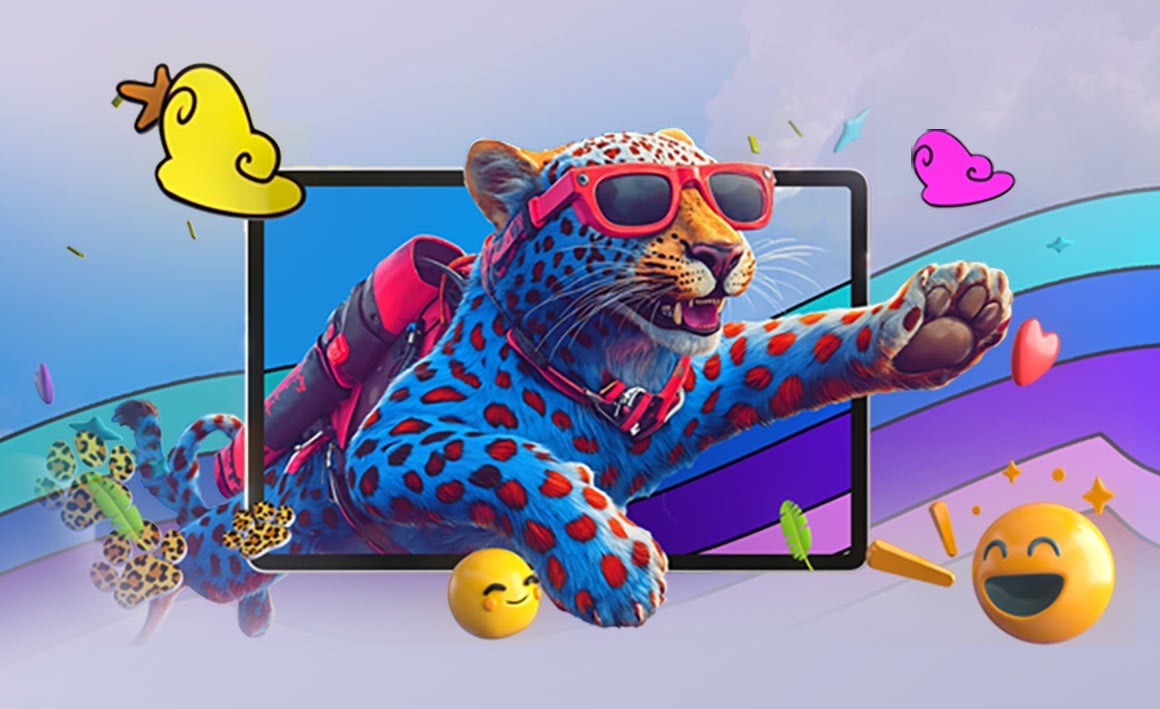 Rysunkowa postać tygrysa wychodząca z tabletu Yoga Tab, w tle kolorowa tęcza