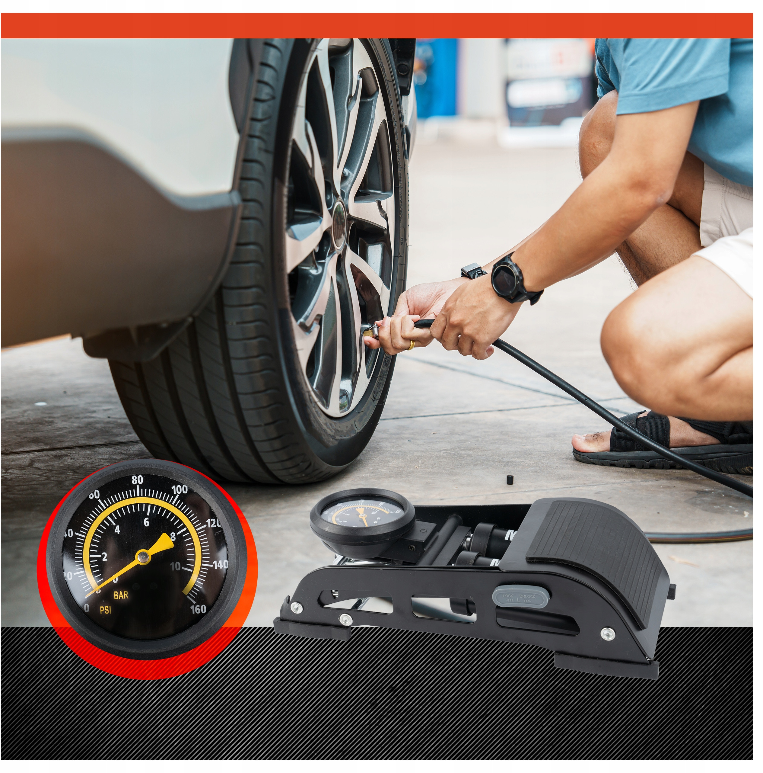 POMPKA ROWEROWA NOŻNA Z MANOMETREM DWUTŁOKOWA DO ROWERU SAMOCHODU MATERACA Materiał dominujący metal