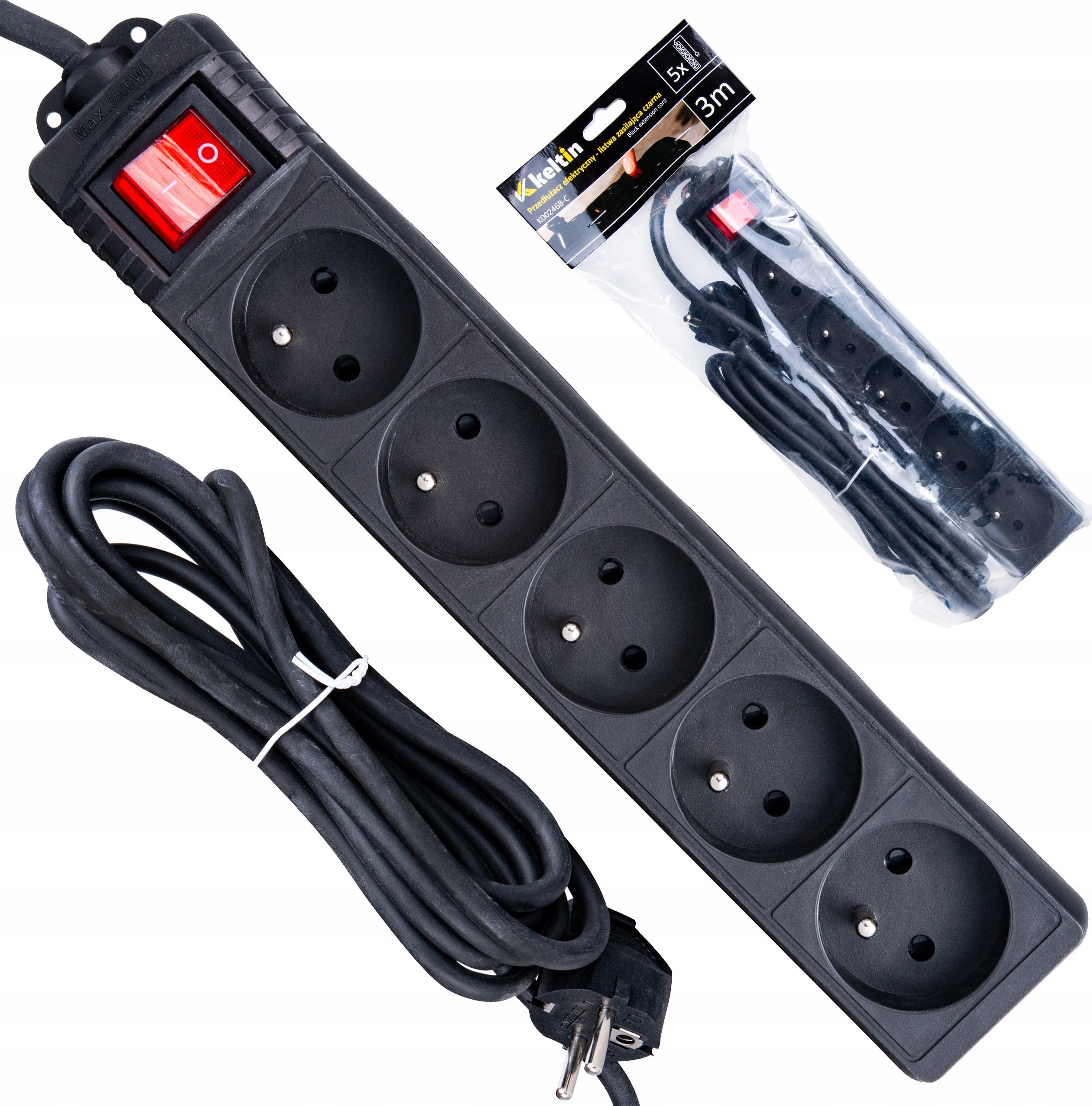 KELTIN Przedłużacz elektryczny – listwa zasilająca czarna 5 gniazd 3m