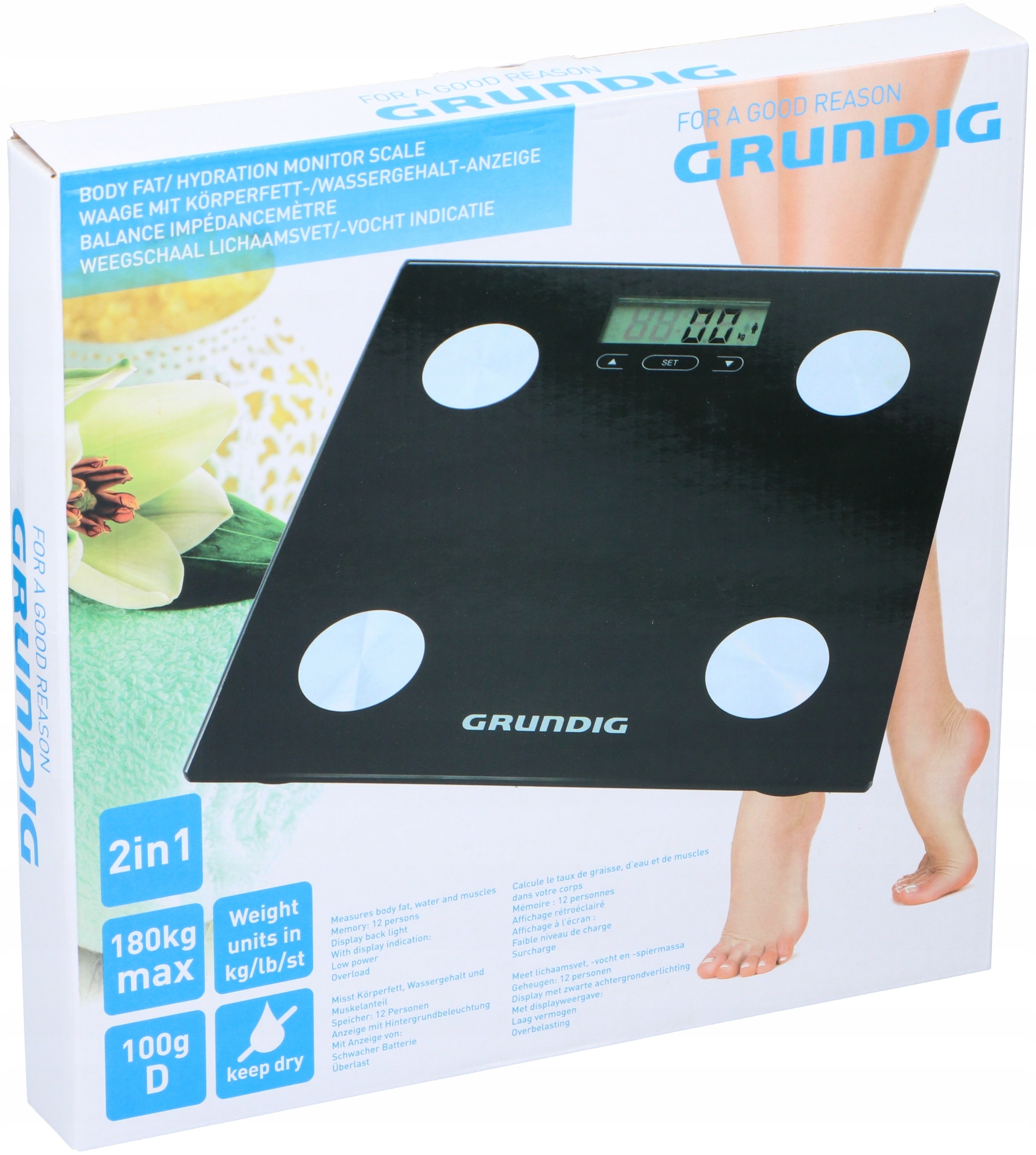 Grundig - elektroniczna waga łazienkowa z analizą masy ciała i BMI do 180 kg