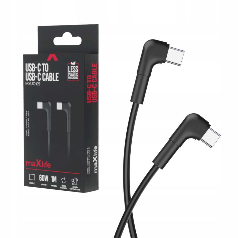 Maxlife Kabel Kątowy MXUC-09 USB-C - USB-C 1,0 m 60W Czarny – Wysoka jakość i nowoczesny design