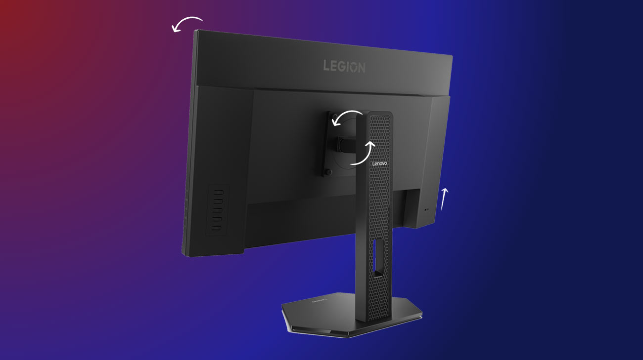 Monitor Lenovo Legion 27QD-10 tyłem, pokazane możliwości regulacji