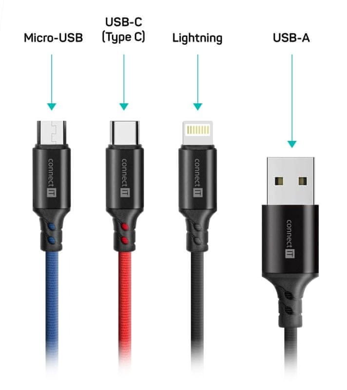 Trzy wymienne złącza: USB-C, Lightning i MicroUSB