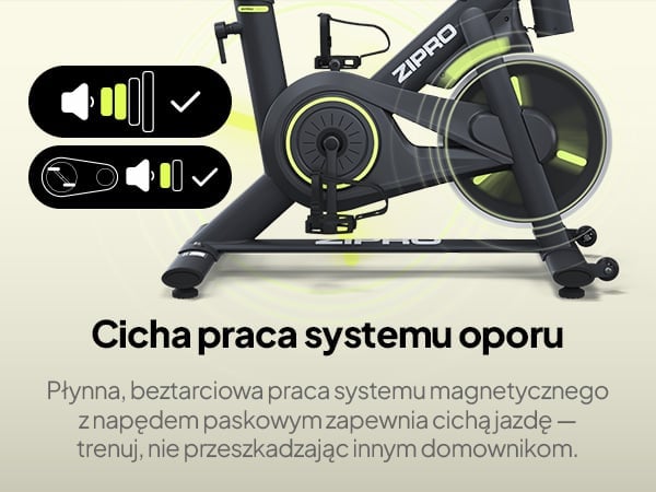 Rower spinningowy ZIPRO Modo - Magnetyczny system oporu z napędem paskowym
