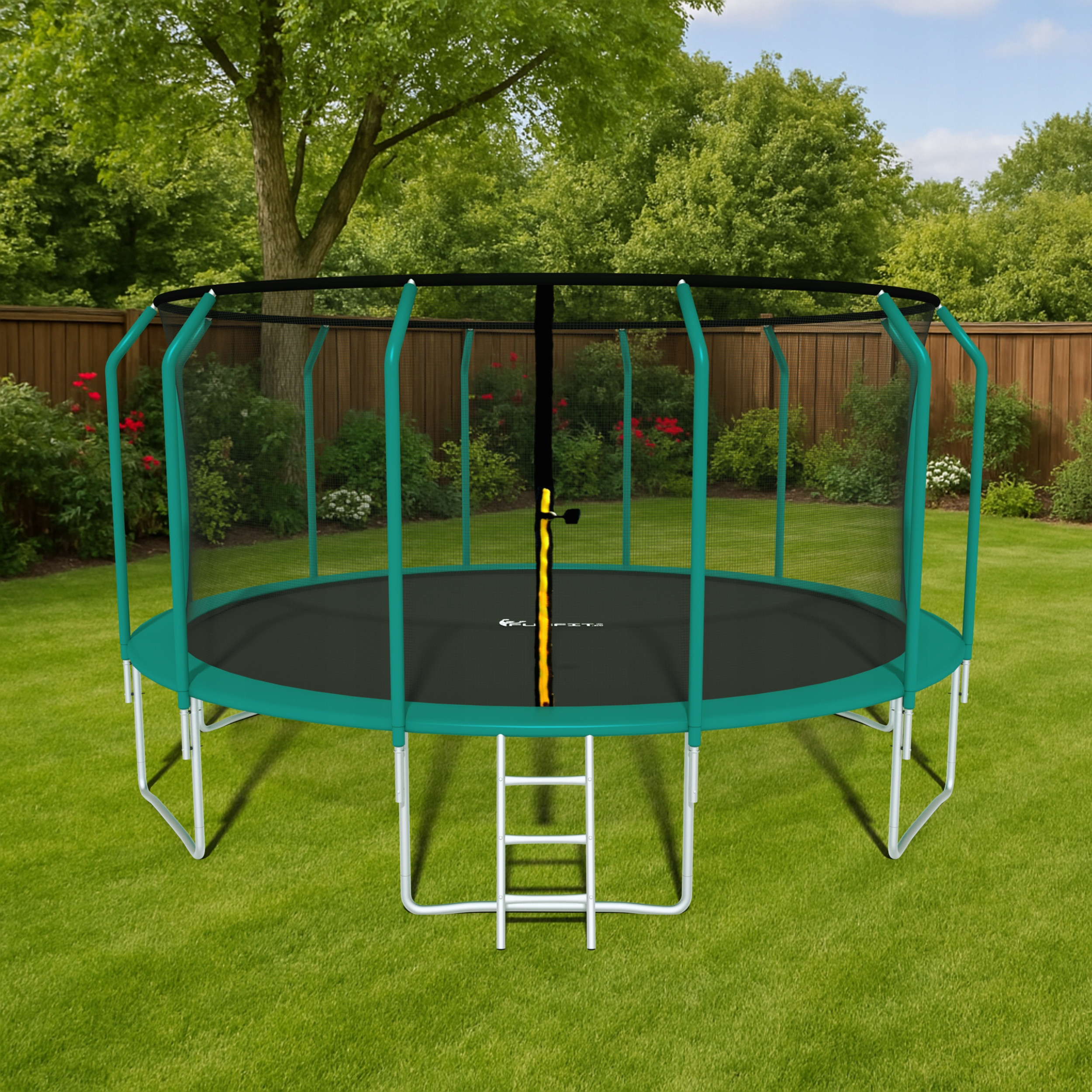 Trampolina ogrodowa dla dzieci 374cm z siatką zewnętrzną i drabinką – Bezpieczna zabawa w Twoim ogrodzie