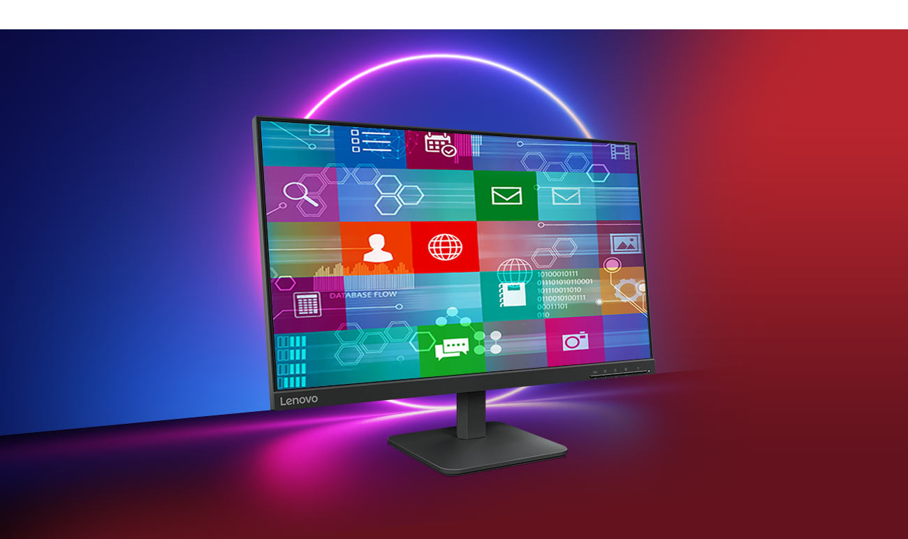 23,8-calowy monitor Lenovo  L24-4e  z kolorową tapetą na ekranie, w tle kolorowe smugi światła