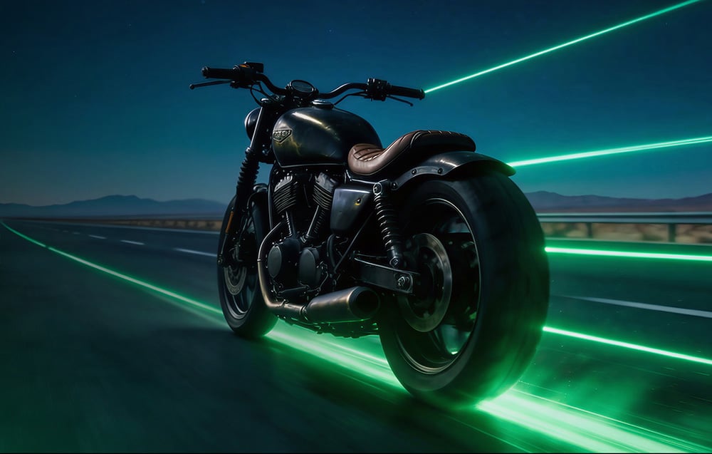 Czarny motocykl jedzie nocą po autostradzie, wokół niego smugi zielonego światła