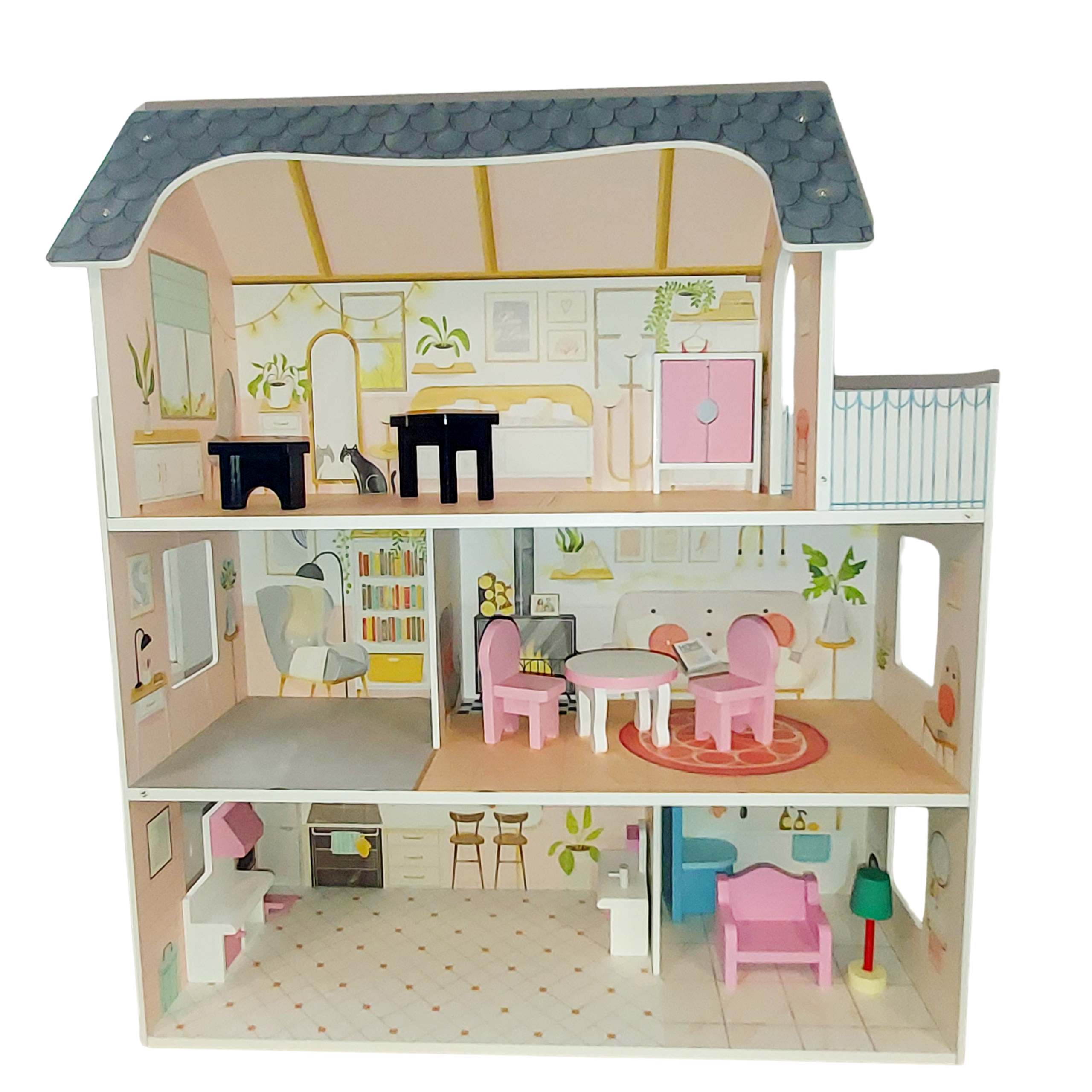 Domek dla lalek drewniany z balkonem i dachem – Idealna zabawa dla dzieci