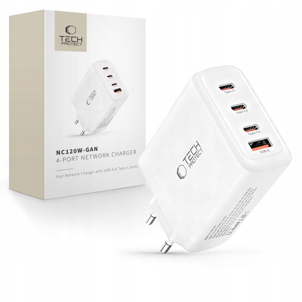 TECH-PROTECT NC120W-GAN 4-PORT NETWORK CHARGER PD 120W / QC3.0 WHITE – Wydajna ładowarka do wszystkich urządzeń