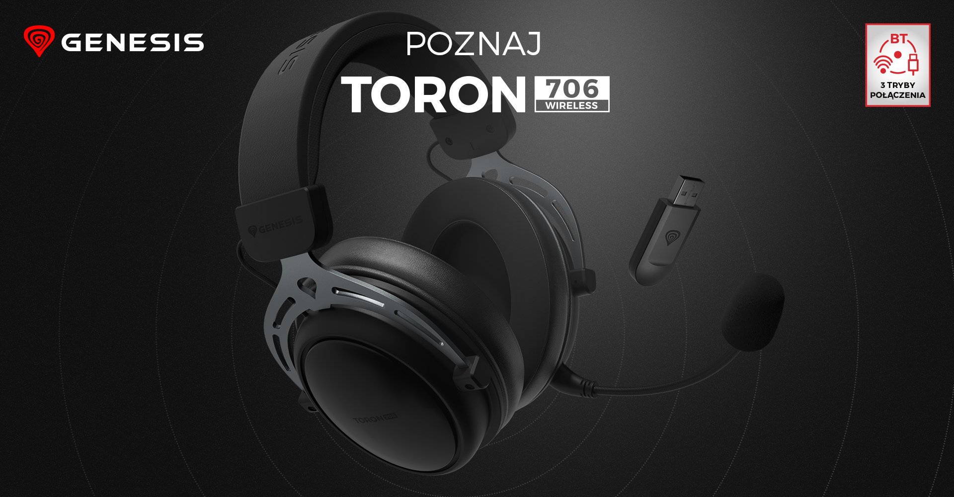 Bezprzewodowe czarne słuchawki Genesis Toron 706 z mikrofonem o eleganckim wyglądzie i dołączonym nadajnikiem USB