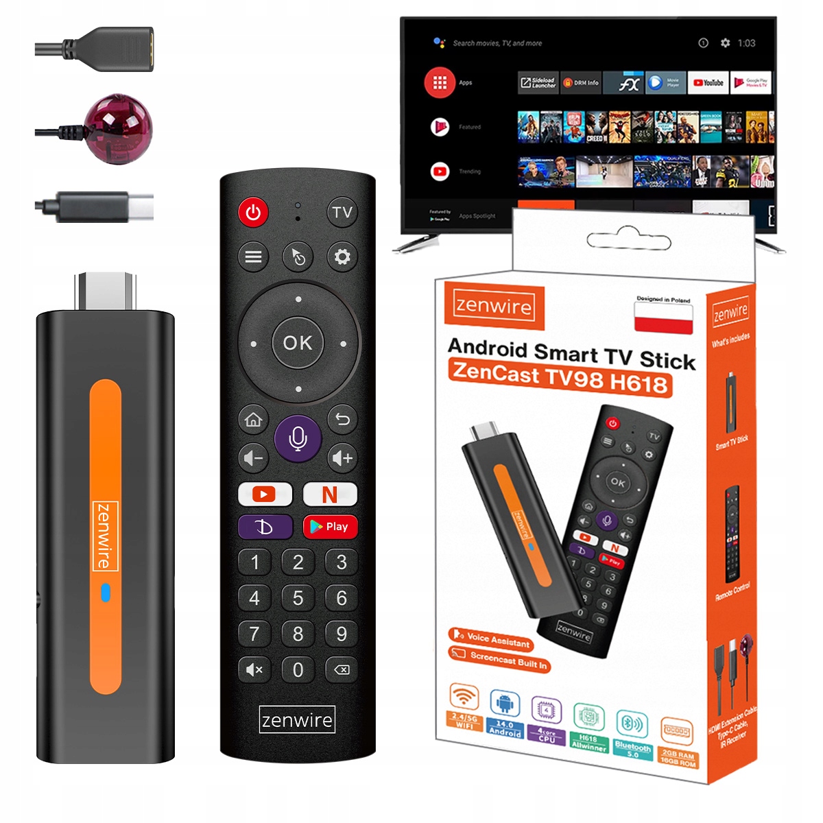 Odtwarzacz Multimedialny Przystawka Android 14 Smart TV Stick Box WiFi 2/16 ZENWIRE TV98 H618 – Twoje domowe centrum rozrywki