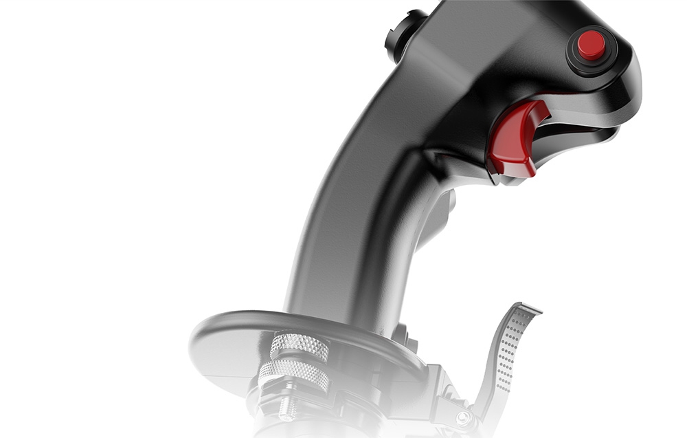 Zbliżenie na ergonomiczną rękojeść drążka MOZA Flightstick z widocznym czerwonym spustem i przyciskiem pod kciukiem.