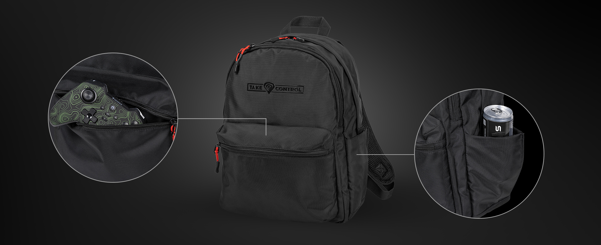 Czarny plecak Genesis Pallad 200 z czerwonymi akcentami, wyposażony w przednią kieszeń i boczny otwór na puszkę z napojem lub małe przedmioty.