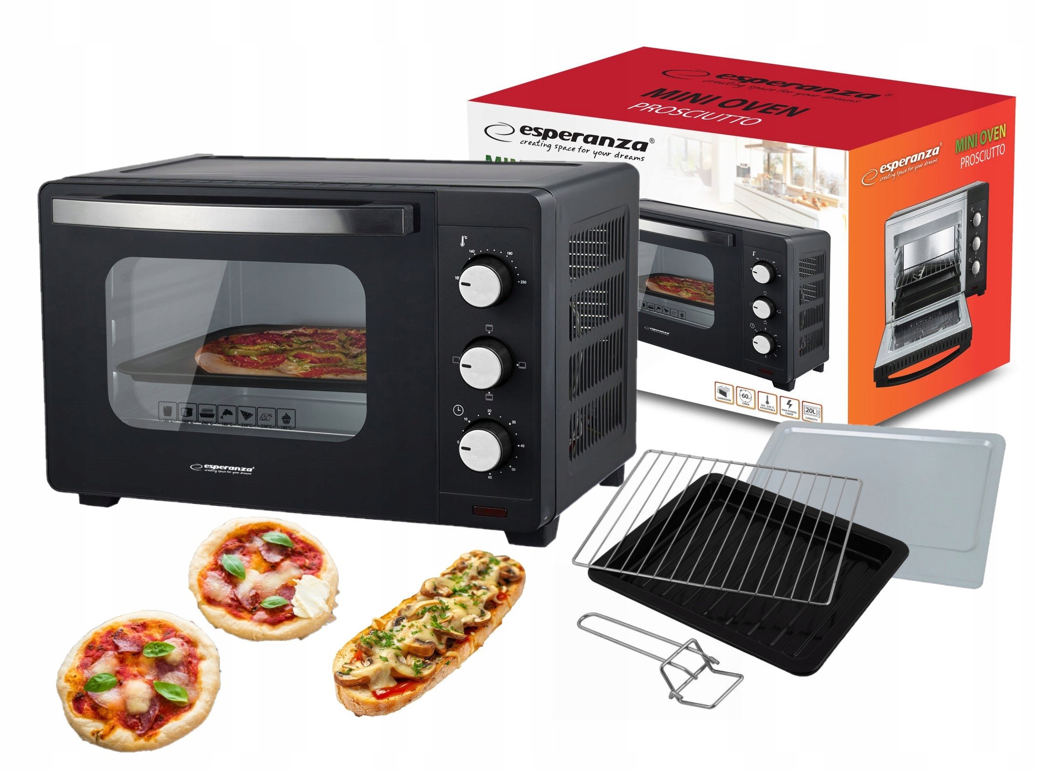 Mini piekarnik elektryczny Esperanza PROSCIUTTO 20L – Idealne rozwiązanie do Twojej kuchni