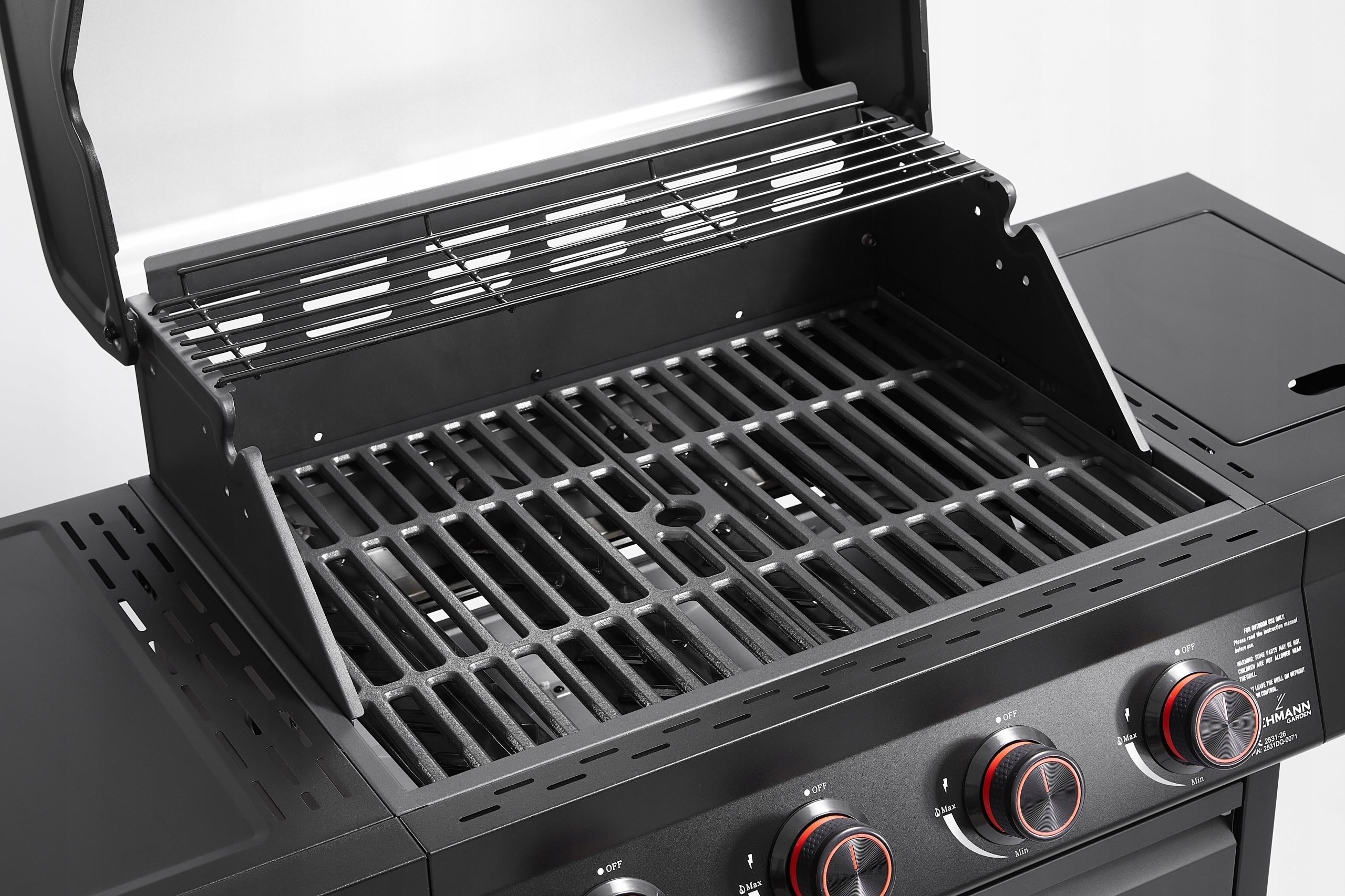 Grill gazowy Ogrodowy ŻELIWNY LEHMANN 4+1 nierdzewny 15 kW +szafka na butlę Cechy dodatkowe kółka miejsce na butlę nienagrzewający się uchwyt palnik boczny do gotowania pojemnik na tłuszcz pokrowiec pokrywa półka regulacja temperatury szafka termometr wiatrochron