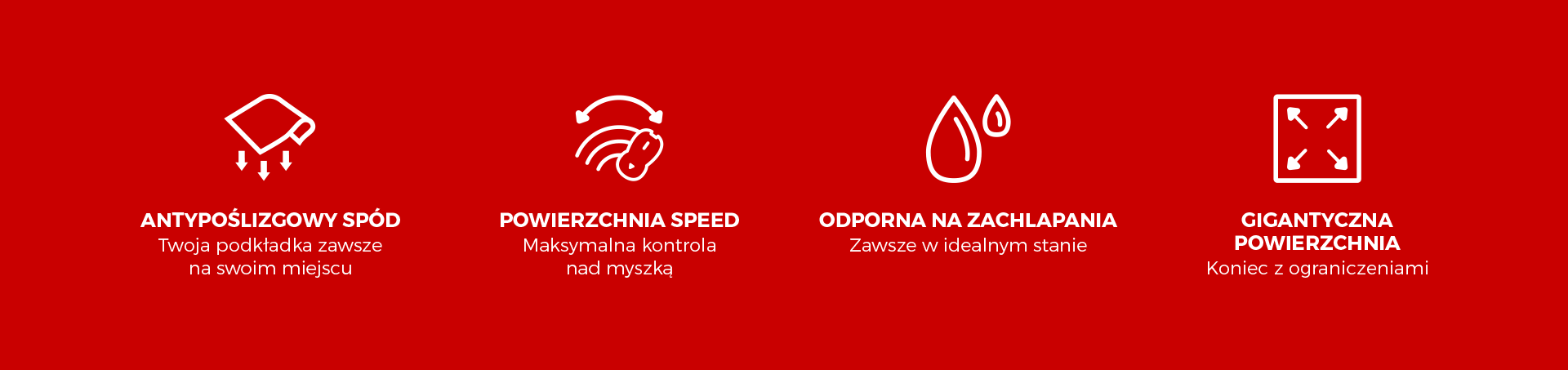 Czerwona grafika z ikonami i tekstem opisującym cechy podkładki pod mysz Genesis Carbon 500 Hyper, w tym antypoślizgowy spód, szybką powierzchnię, wodoodporność i duży rozmiar.