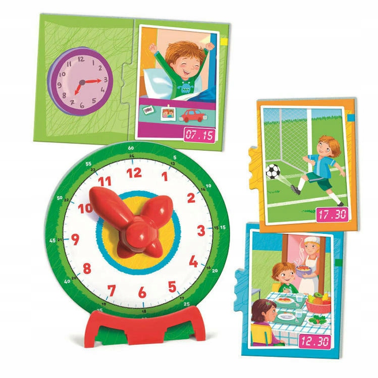 Elementy-puzzle i duży zegar w zestawie