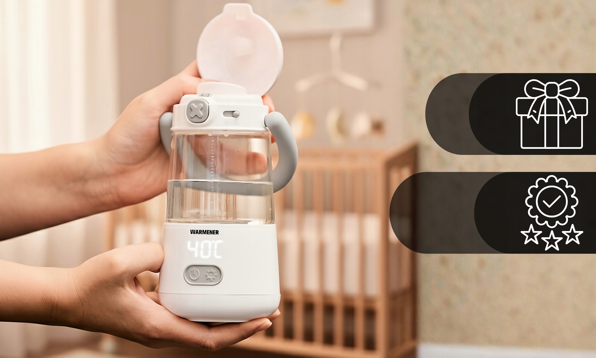 Podgrzewacz Warmener PureGo 2w1 używany przez rodziców w domu i w podróży