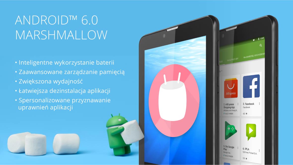Android Marshmallow Inteligentne wykorzystanie baterii, spersonalizowane przyznawanie uprawnień aplikacji, zaawansowane zarządzanie pamięcią, zwiększona wydajność, łatwiejsza dezinstalacja aplikacji