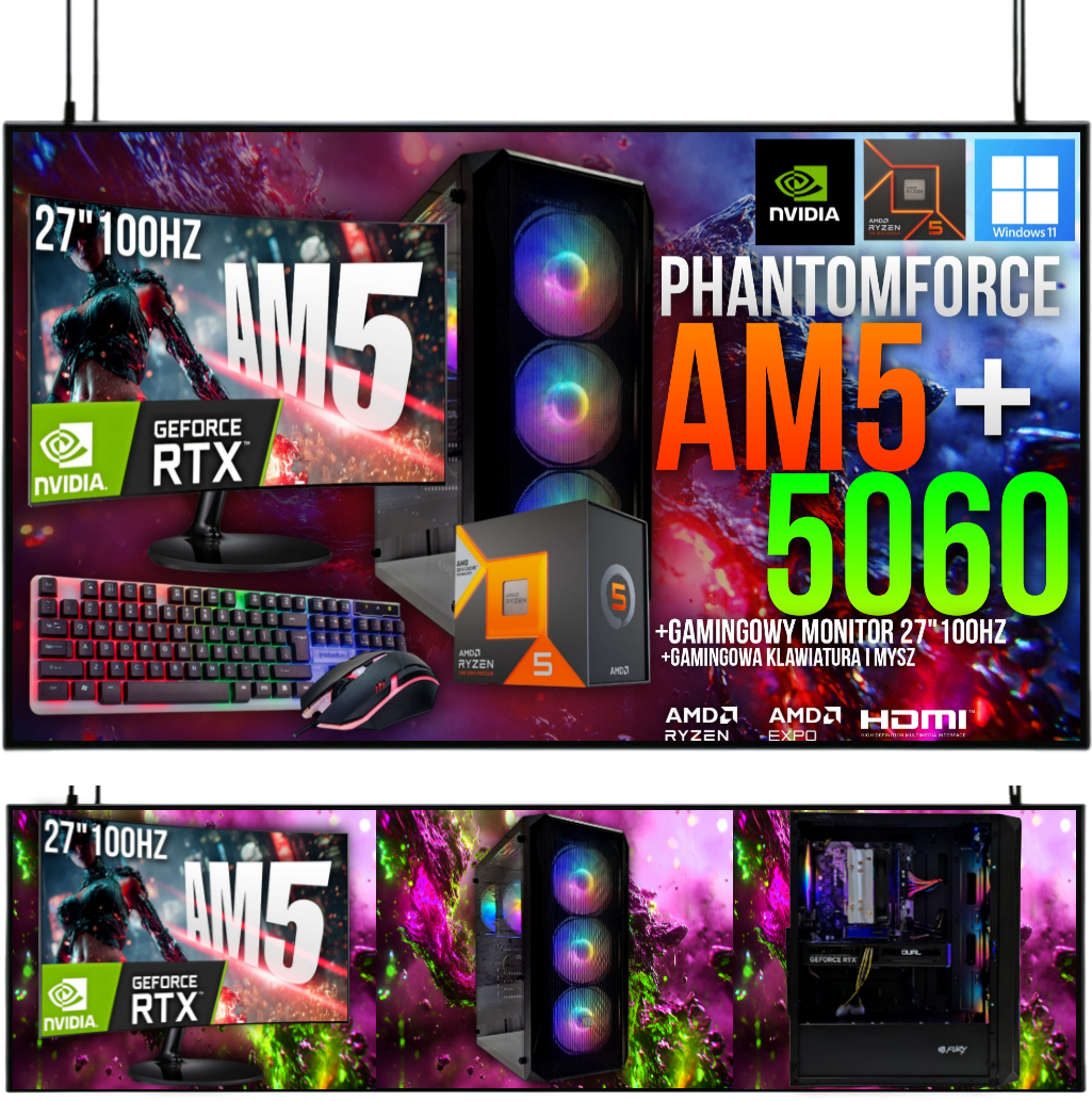 ZESTAW GAMINGOWY PHANTOMCORE Ryzen 5 7500F 32GB RTX 5060 8GB +Wi-Fi +WIN11 +MONITOR 27