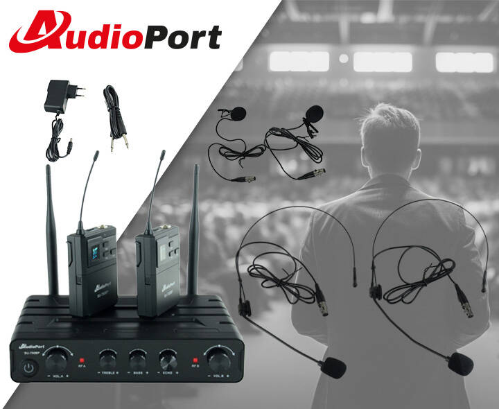 Zestaw mikrofonów bezprzewodowych UHF 2x nagłowny bodypack krawatowy Audioport SU-750BP – Profesjonalna jakość dźwięku