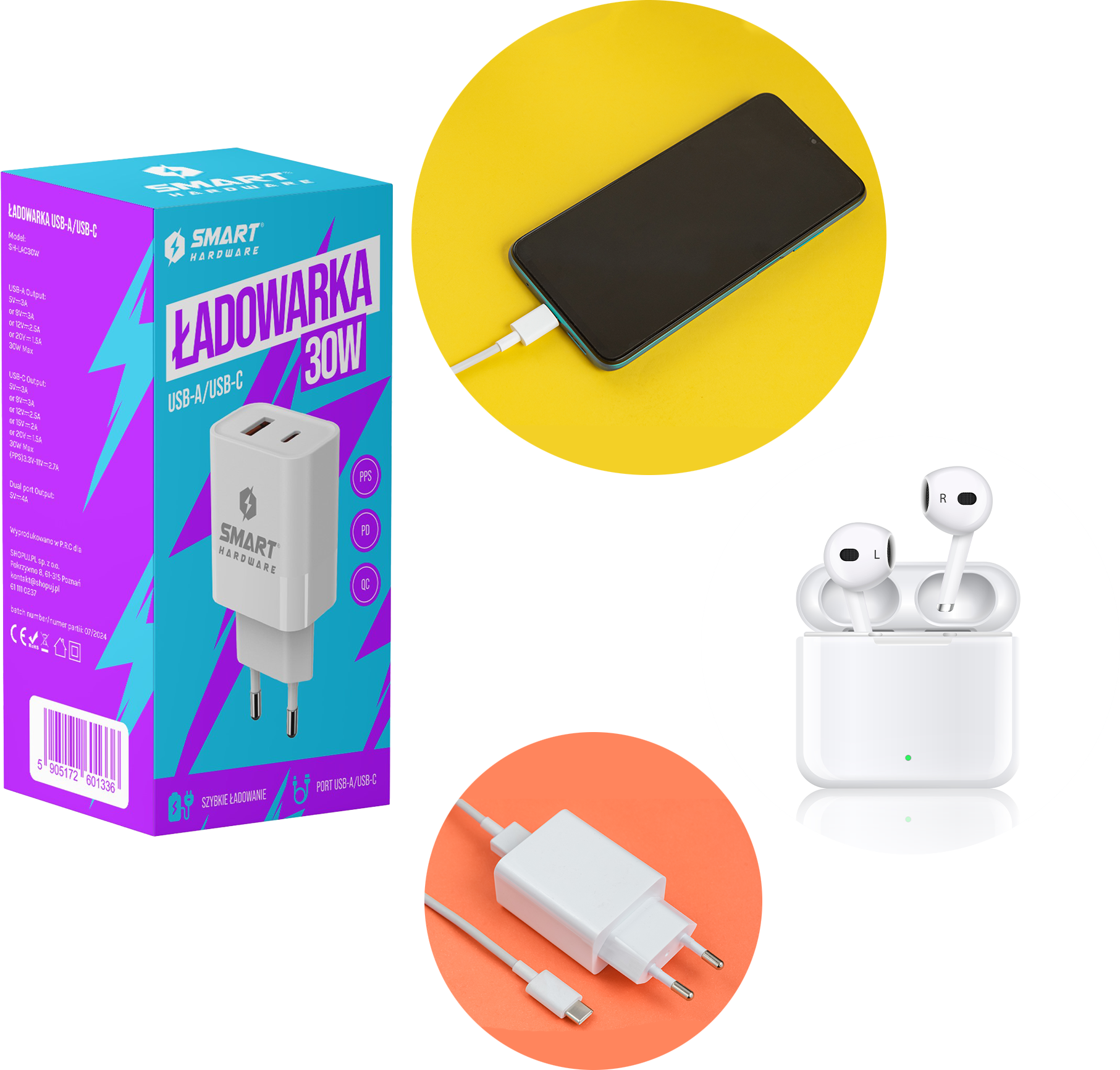 Ładowarka sieciowa SMART HARDWARE Szybka 30W USB-C USB-A – Szybkie ładowanie dla Twoich urządzeń