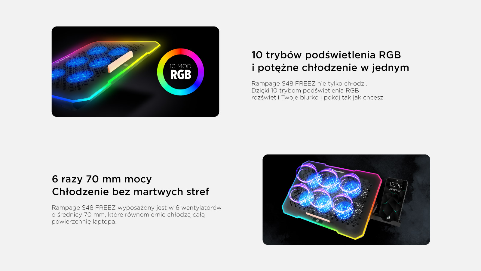 Rampage FREEZ Podstawka chłodząca pod laptop 9-17 RGB 6 wentylatorów, czarna